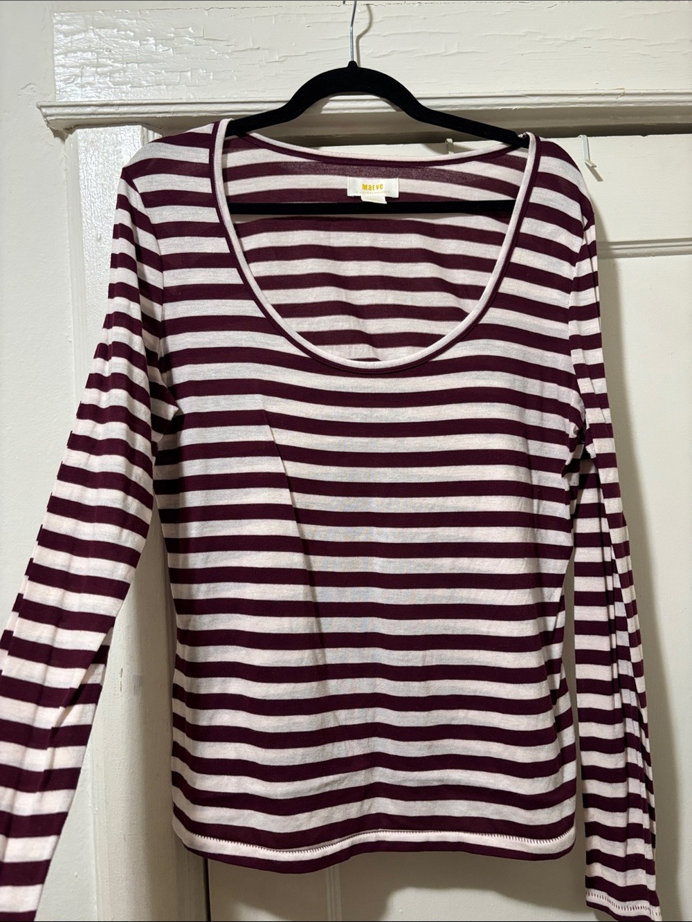 Maeve Burgundy and White Striped Sheer Long-Sleeve Scoop Neck Top